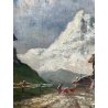 ANTICO QUADRO DIPINTO MONTAGNA OLIO SU TAVOLA EPOCA '900 BAITE SENTIERO CHIESA