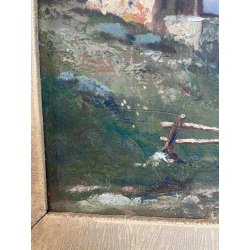 ANTICO QUADRO DIPINTO MONTAGNA OLIO SU TAVOLA EPOCA '900 BAITE SENTIERO CHIESA