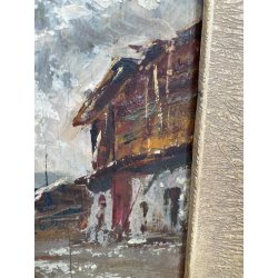 ANTICO QUADRO DIPINTO MONTAGNA OLIO SU TAVOLA EPOCA '900 BAITE SENTIERO CHIESA