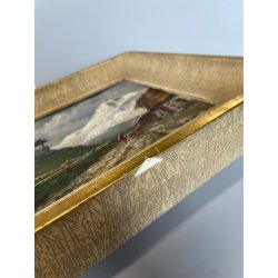 ANTICO QUADRO DIPINTO MONTAGNA OLIO SU TAVOLA EPOCA '900 BAITE SENTIERO CHIESA