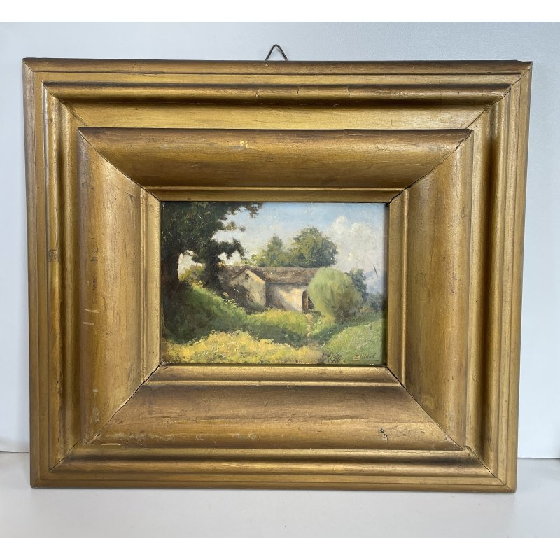 ANTICO QUADRO DIPINTO OLIO SU CARTONE 1948 PAESAGGIO NATURA BAITA CASOLARE PRATO