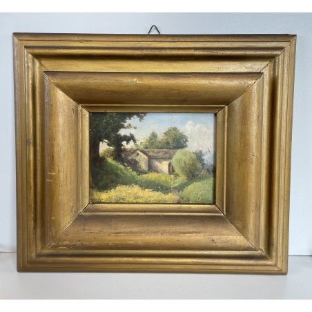 ANTICO QUADRO DIPINTO OLIO SU CARTONE 1948 PAESAGGIO NATURA BAITA CASOLARE PRATO