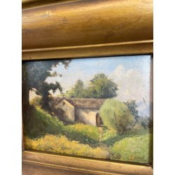 ANTICO QUADRO DIPINTO OLIO SU CARTONE 1948 PAESAGGIO NATURA BAITA CASOLARE PRATO