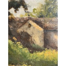 ANTICO QUADRO DIPINTO OLIO SU CARTONE 1948 PAESAGGIO NATURA BAITA CASOLARE PRATO