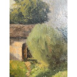 ANTICO QUADRO DIPINTO OLIO SU CARTONE 1948 PAESAGGIO NATURA BAITA CASOLARE PRATO