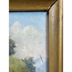 ANTICO QUADRO DIPINTO OLIO SU CARTONE 1948 PAESAGGIO NATURA BAITA CASOLARE PRATO