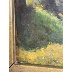 ANTICO QUADRO DIPINTO OLIO SU CARTONE 1948 PAESAGGIO NATURA BAITA CASOLARE PRATO