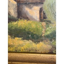 ANTICO QUADRO DIPINTO OLIO SU CARTONE 1948 PAESAGGIO NATURA BAITA CASOLARE PRATO