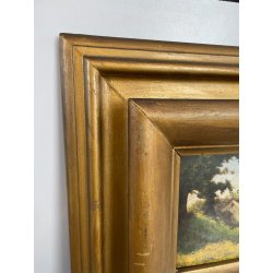 ANTICO QUADRO DIPINTO OLIO SU CARTONE 1948 PAESAGGIO NATURA BAITA CASOLARE PRATO
