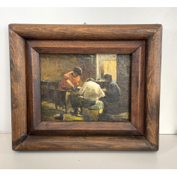 QUADRO DIPINTO OLIO SU TELA '900 SCENA LABORATORIO ARTIGIANO TESSILE FIRMATO
