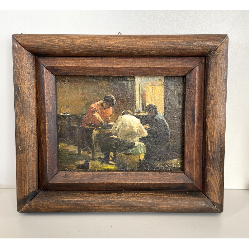 QUADRO DIPINTO OLIO SU TELA '900 SCENA LABORATORIO ARTIGIANO TESSILE FIRMATO