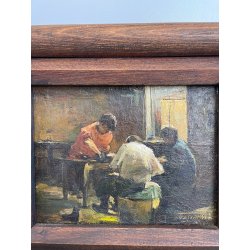 QUADRO DIPINTO OLIO SU TELA '900 SCENA LABORATORIO ARTIGIANO TESSILE FIRMATO