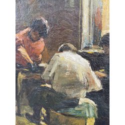 QUADRO DIPINTO OLIO SU TELA '900 SCENA LABORATORIO ARTIGIANO TESSILE FIRMATO