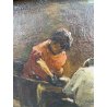 QUADRO DIPINTO OLIO SU TELA '900 SCENA LABORATORIO ARTIGIANO TESSILE FIRMATO
