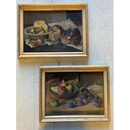 COPPIA ANTICO DIPINTO OLIO TAVOLA Carlo Bini NATURA MORTA FUNGHI FRUTTA '800/900