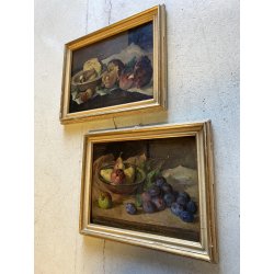COPPIA ANTICO DIPINTO OLIO TAVOLA Carlo Bini NATURA MORTA FUNGHI FRUTTA '800/900