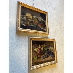 COPPIA ANTICO DIPINTO OLIO TAVOLA Carlo Bini NATURA MORTA FUNGHI FRUTTA '800/900