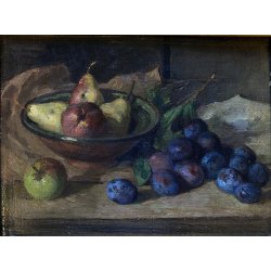COPPIA ANTICO DIPINTO OLIO TAVOLA Carlo Bini NATURA MORTA FUNGHI FRUTTA '800/900