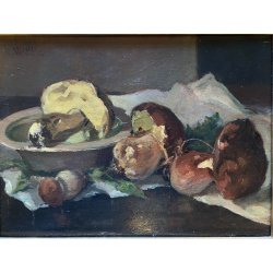 COPPIA ANTICO DIPINTO OLIO TAVOLA Carlo Bini NATURA MORTA FUNGHI FRUTTA '800/900