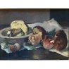 COPPIA ANTICO DIPINTO OLIO TAVOLA Carlo Bini NATURA MORTA FUNGHI FRUTTA '800/900