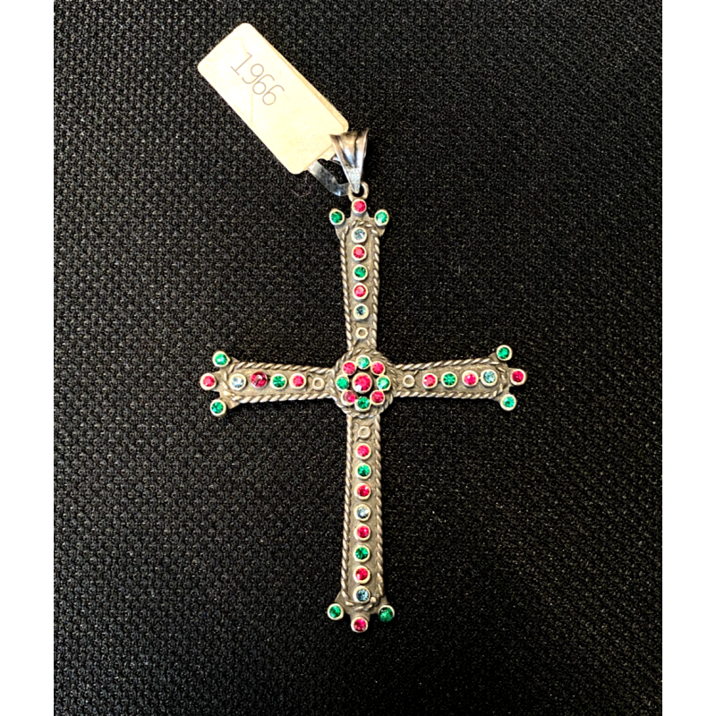 CIONDOLO CROCE CROCEFISSO ARGENTO 925 PIETRE COLOR SMERALDO RUBINO RELIGIOSO '66