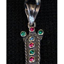 CIONDOLO CROCE CROCEFISSO ARGENTO 925 PIETRE COLOR SMERALDO RUBINO RELIGIOSO '66