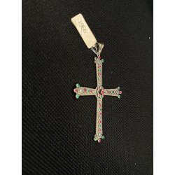 CIONDOLO CROCE CROCEFISSO ARGENTO 925 PIETRE COLOR SMERALDO RUBINO RELIGIOSO '66