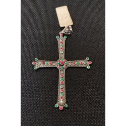 CIONDOLO CROCE CROCEFISSO ARGENTO 925 PIETRE COLOR SMERALDO RUBINO RELIGIOSO '66