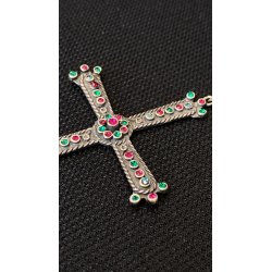 CIONDOLO CROCE CROCEFISSO ARGENTO 925 PIETRE COLOR SMERALDO RUBINO RELIGIOSO '66