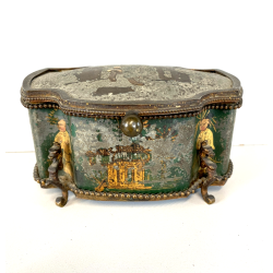 ANTICO COFANETTO PORTAGIOIE SAGOMATO METALLO TESSUTO DECORO CHINOISERIE '800/900