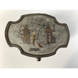 ANTICO COFANETTO PORTAGIOIE SAGOMATO METALLO TESSUTO DECORO CHINOISERIE '800/900