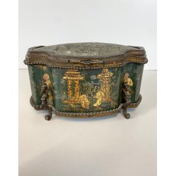 ANTICO COFANETTO PORTAGIOIE SAGOMATO METALLO TESSUTO DECORO CHINOISERIE '800/900