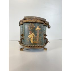ANTICO COFANETTO PORTAGIOIE SAGOMATO METALLO TESSUTO DECORO CHINOISERIE '800/900