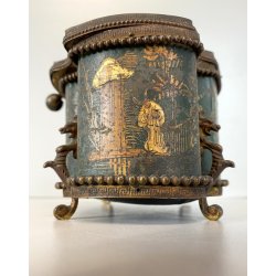 ANTICO COFANETTO PORTAGIOIE SAGOMATO METALLO TESSUTO DECORO CHINOISERIE '800/900