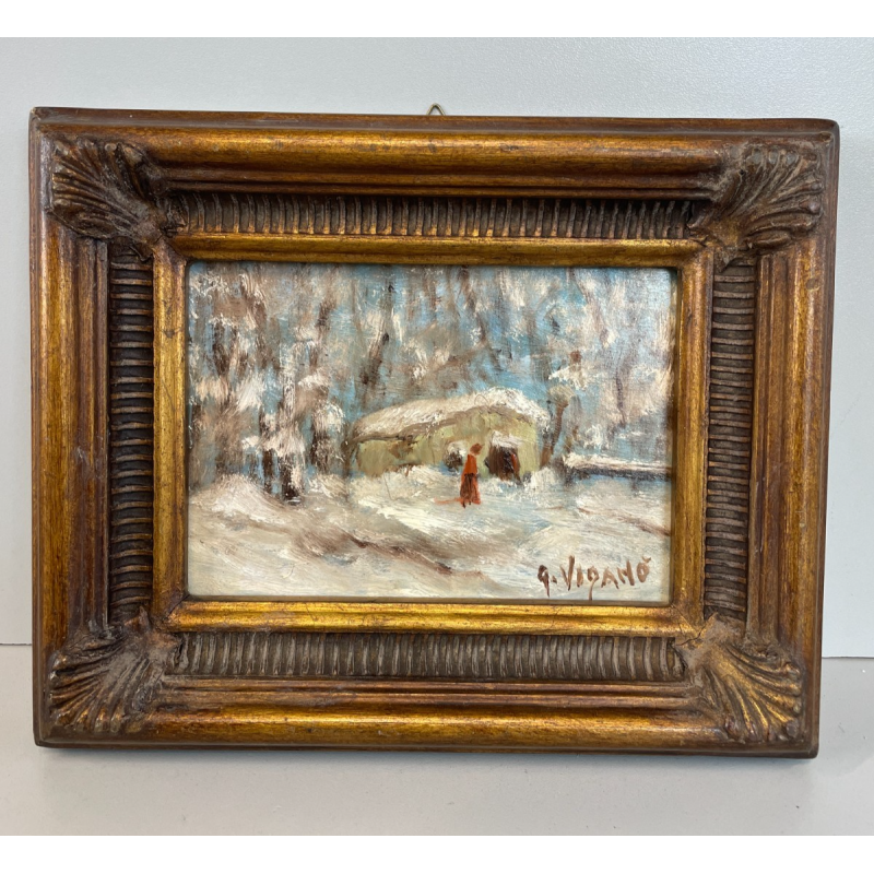 ANTICO QUADRO DIPINTO OLIO TAVOLA G. Viganò PAESAGGIO INVERNALE NEVICATA '900