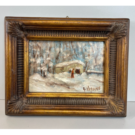 ANTICO QUADRO DIPINTO OLIO TAVOLA G. Viganò PAESAGGIO INVERNALE NEVICATA '900