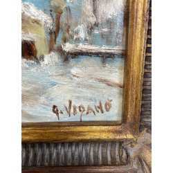 ANTICO QUADRO DIPINTO OLIO TAVOLA G. Viganò PAESAGGIO INVERNALE NEVICATA '900