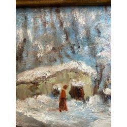 ANTICO QUADRO DIPINTO OLIO TAVOLA G. Viganò PAESAGGIO INVERNALE NEVICATA '900