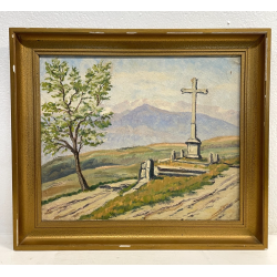 ANTICO QUADRO DIPINTO OLIO SU TELA J.A. MUSSLER 1938 PAESAGGIO MONUMENTO CADUTI