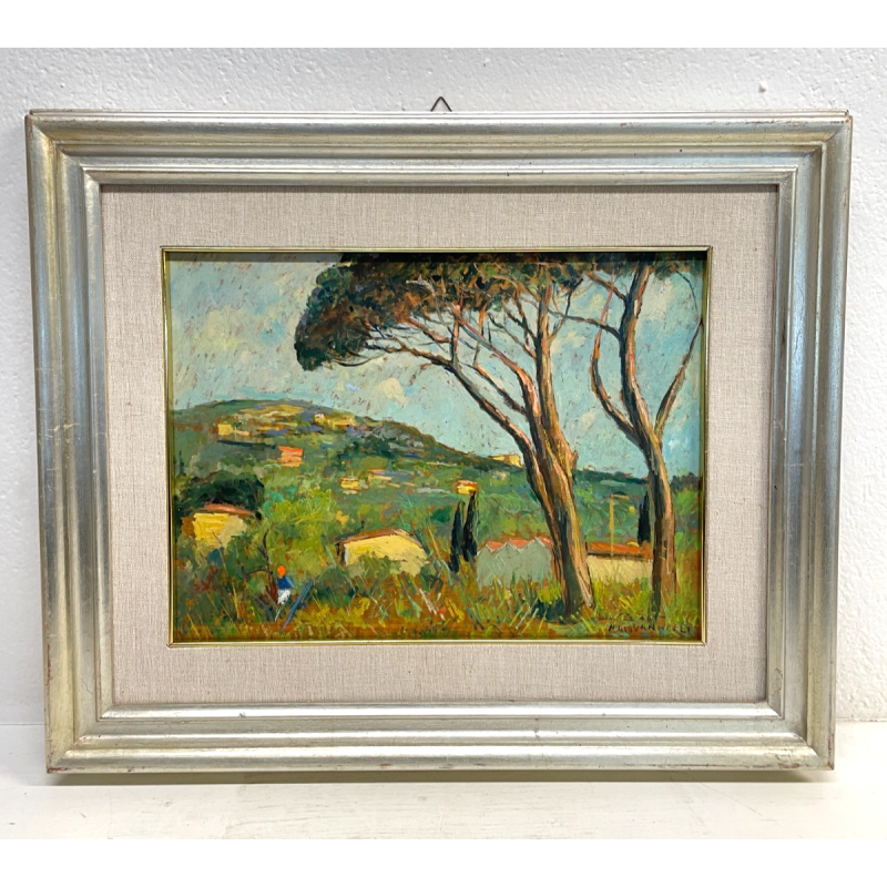 ANTICO QUADRO DIPINTO OLIO SU TAVOLA NELLO GIOVANNELLI LIVORNO 1960 PAESAGGIO