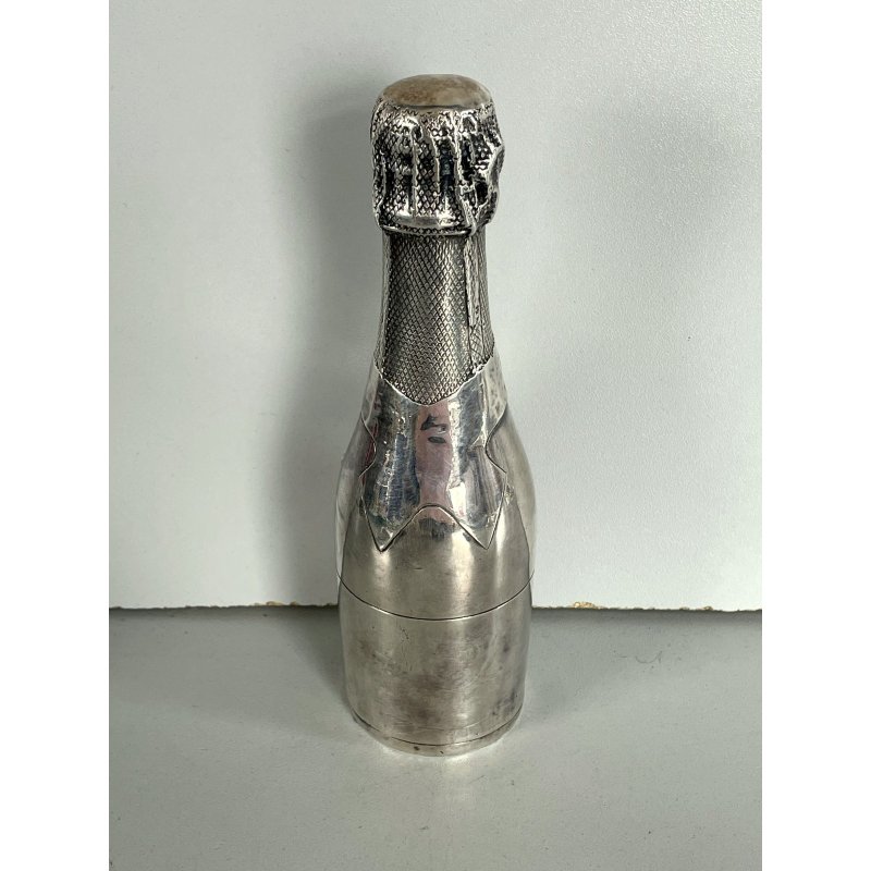 vecchia BOTTIGLIA CHAMPAGNE DECORATIVA vintage METALLO ARGENTATO firmata h 18,8