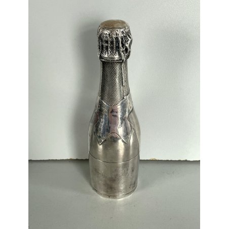 vecchia BOTTIGLIA CHAMPAGNE DECORATIVA vintage METALLO ARGENTATO firmata h 18,8