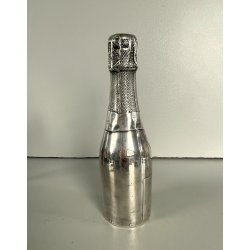 vecchia BOTTIGLIA CHAMPAGNE DECORATIVA vintage METALLO ARGENTATO firmata h 18,8