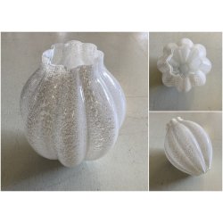 VASO VETRO MURANO COSTOLATO INCAMICIATO INCLUSIONI BIANCO OPALINO FOGLIA ARGENTO
