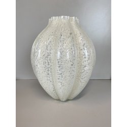 VASO VETRO MURANO COSTOLATO INCAMICIATO INCLUSIONI BIANCO OPALINO FOGLIA ARGENTO