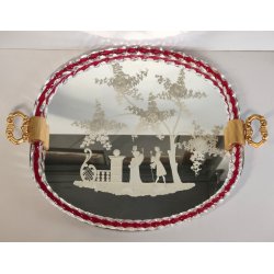 ANTICO VASSOIO a SPECCHIO anni 60 CORNICE TORCIGLIONI VETRO Murano SCENA GALANTE