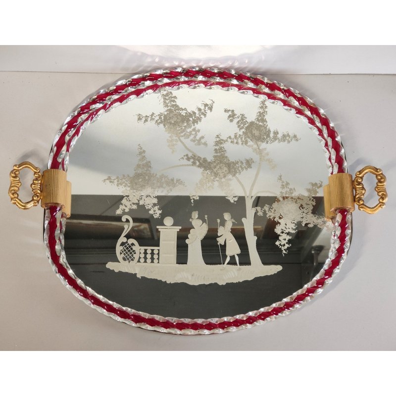 ANTICO VASSOIO a SPECCHIO anni 60 CORNICE TORCIGLIONI VETRO Murano SCENA GALANTE