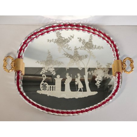 ANTICO VASSOIO a SPECCHIO anni 60 CORNICE TORCIGLIONI VETRO Murano SCENA GALANTE