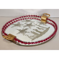 ANTICO VASSOIO a SPECCHIO anni 60 CORNICE TORCIGLIONI VETRO Murano SCENA GALANTE