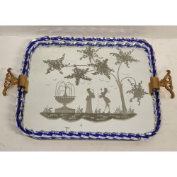 ANTICO VASSOIO a SPECCHIO CORNICE TORCIGLIONI VETRO Murano SCENA GALANTE anni 60